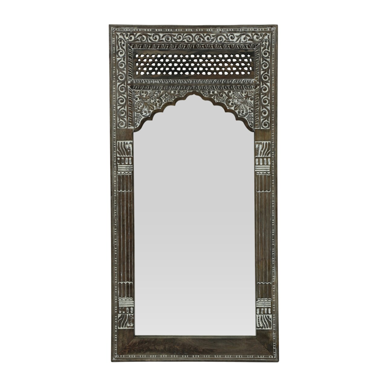 GDFStudio Wyola Traditional Handcrafted Mango Wood Carved Full Length Standing Mirror, White Washed